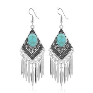Boho Southwestern Faux Turquoise Silver Tone Fringe Feather Dangle Earrings